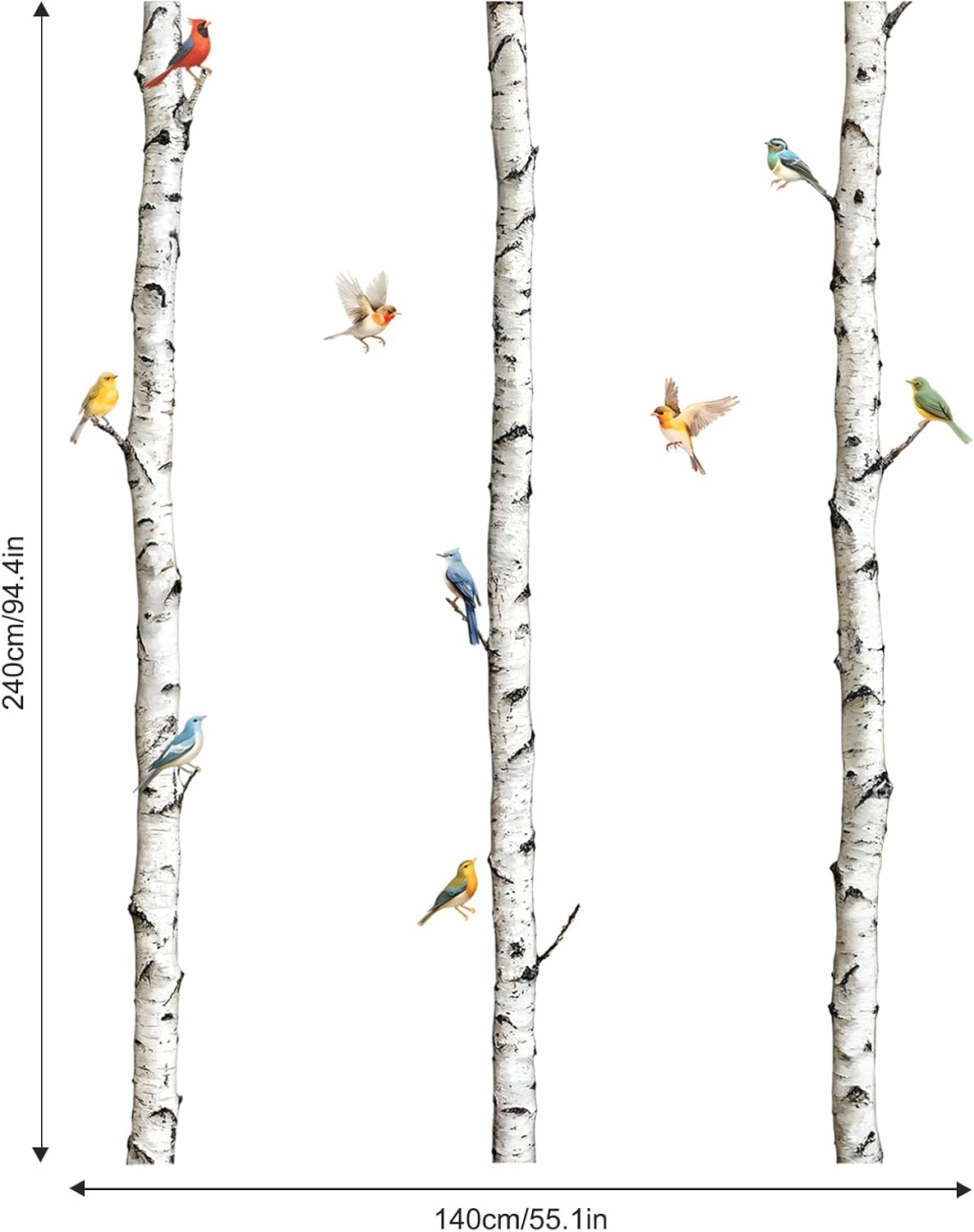 95" Tall Birch Tree Wall Decals 3 White Aspen Trees Flying Birds Wall Stickers Peel and Stick Birch Trunk Wall Art Decor for Bedroom Living Room Kitchen Sofa TV Backdrop Wall Decoration image number 5