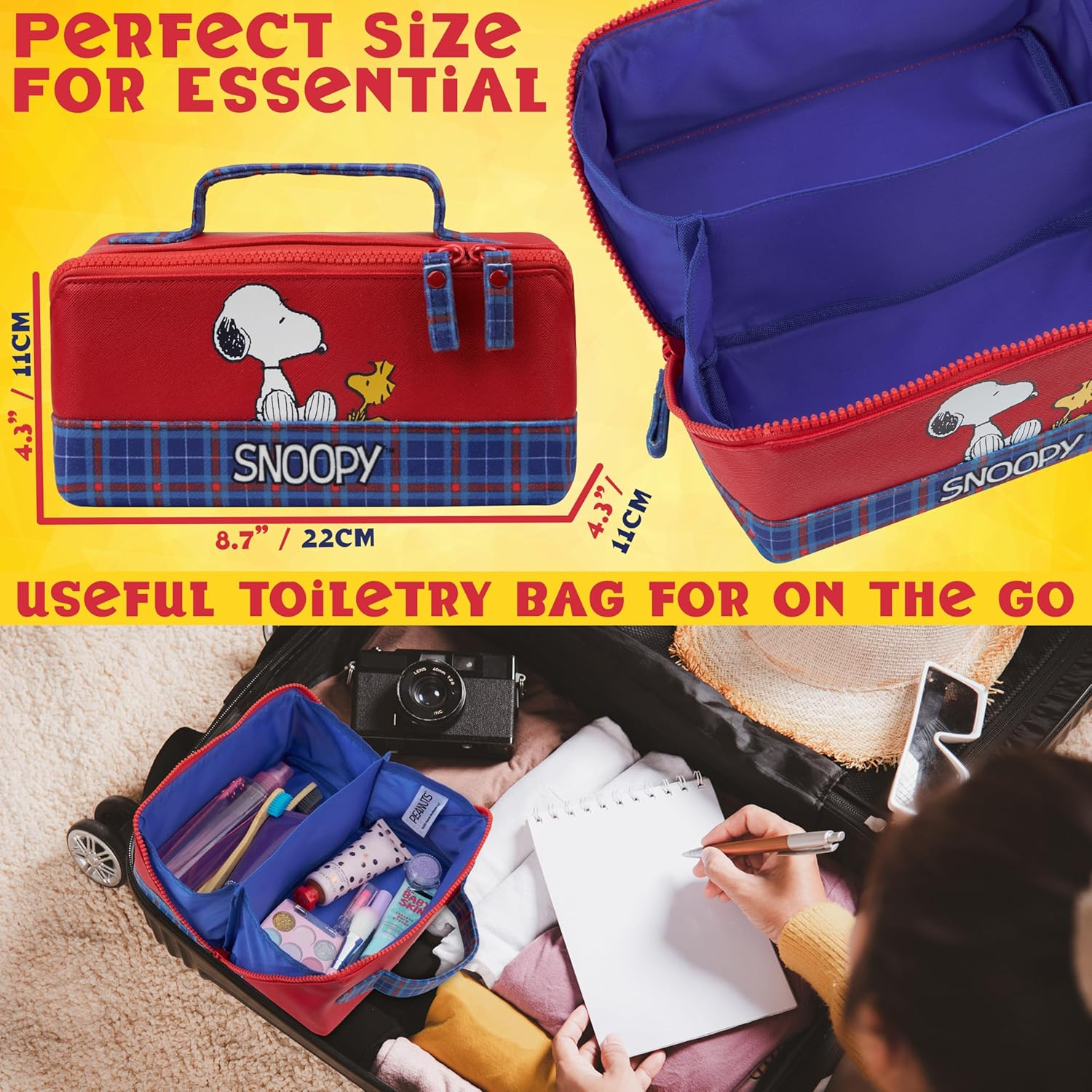 Get Trend Toiletry Bag Women Teens Travel Essentials Makeup Wash Bag Internal Pocket Kids Bathroom Gym Holiday Gifts for Her, Red Snoopy, 22X11X11Cm, Snoopy image number 4