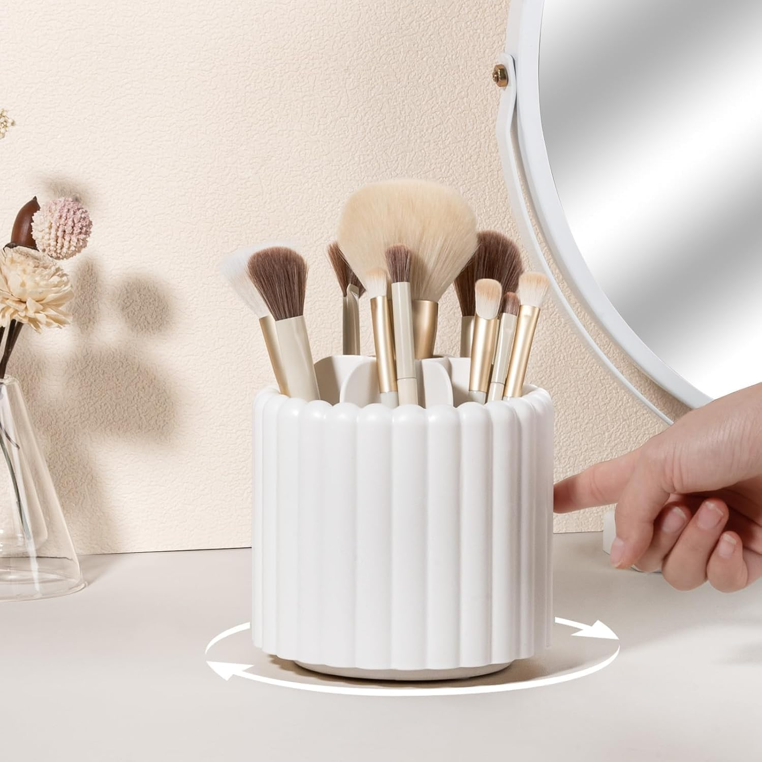 360 Rotating Makeup Brush Holder 7 Slots Make up Brush Organizer Removable Spinning Cosmetic Brushes Storage Pen Holder for Vanity, Dresser, Desk (White, 13.21 * 12.95CM) image number 4