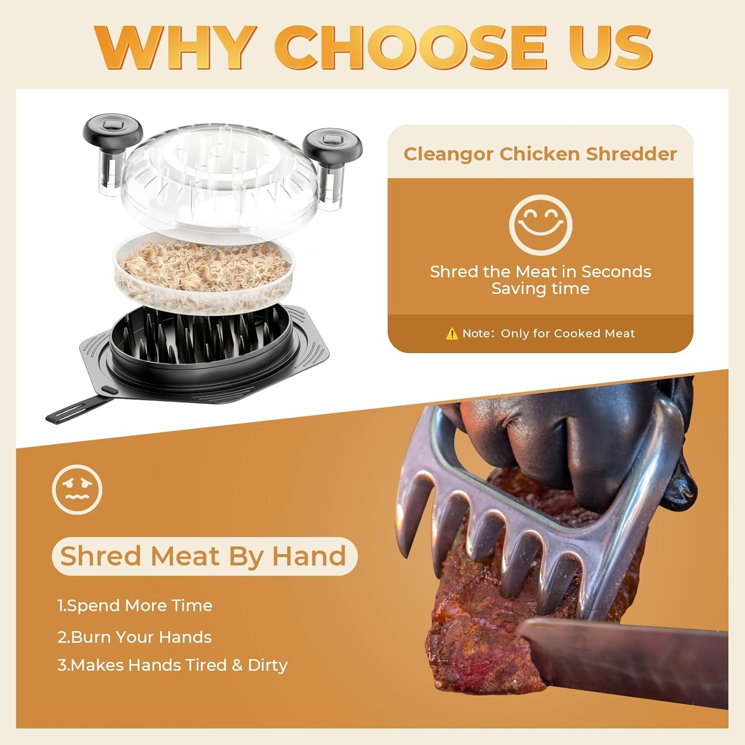 Cleangor Chicken Breast Shredder Tool Twist Large, BPA Free Meat Shredder with Ergonomic Handle, Non-Slip Food Shredder Tool for Pork, Set of Chicken Shredder with Brush & Fork (1, Black) - Black image number 5