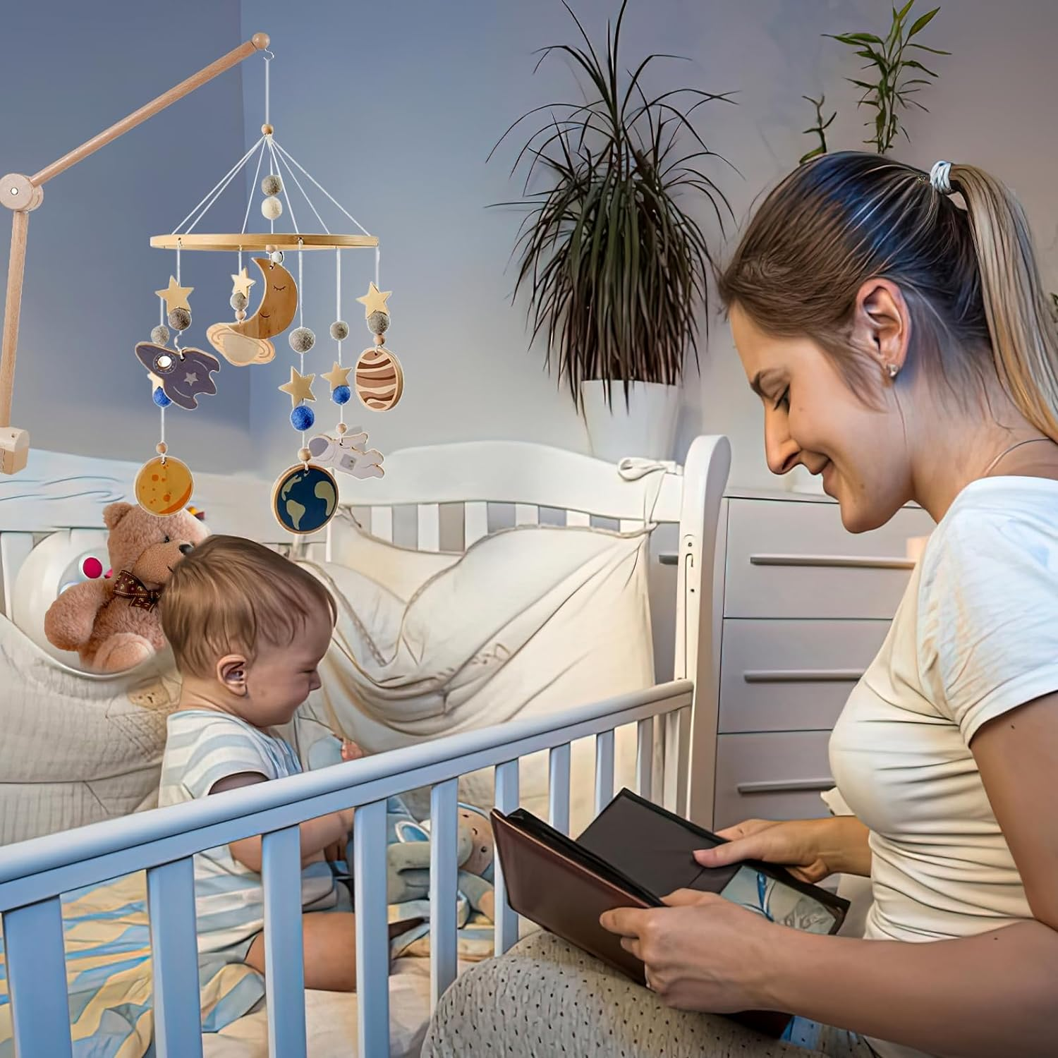 Baby Crib Mobile Arm 27Inch Wooden Crib Mobile Holder Angle and Height Adjustable Crib Mobile Arm Non-Skid Crib Mobile Bed Bell Holder Nursery Mobile Hanger for Crib Nursery D&eacute;cor image number 1