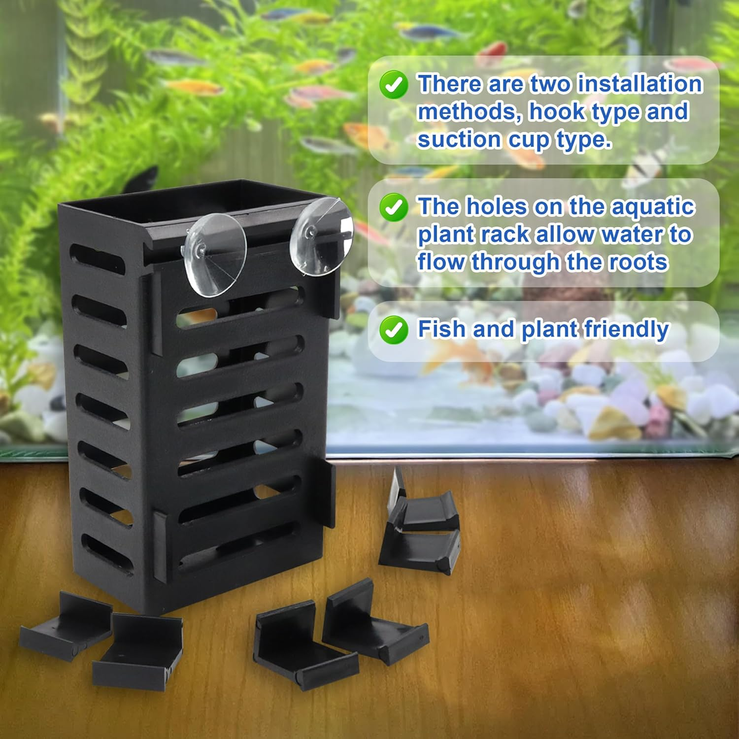 4 PCS Aquarium Plant Holder with 24 Hooks and 8 Suction Cups, Hanging Plant Holder for Fish Tank, Aquatic Plant Pots for Aquarium Decorations Plants, Hanging Aquatic Planter Cups (Black) image number 2