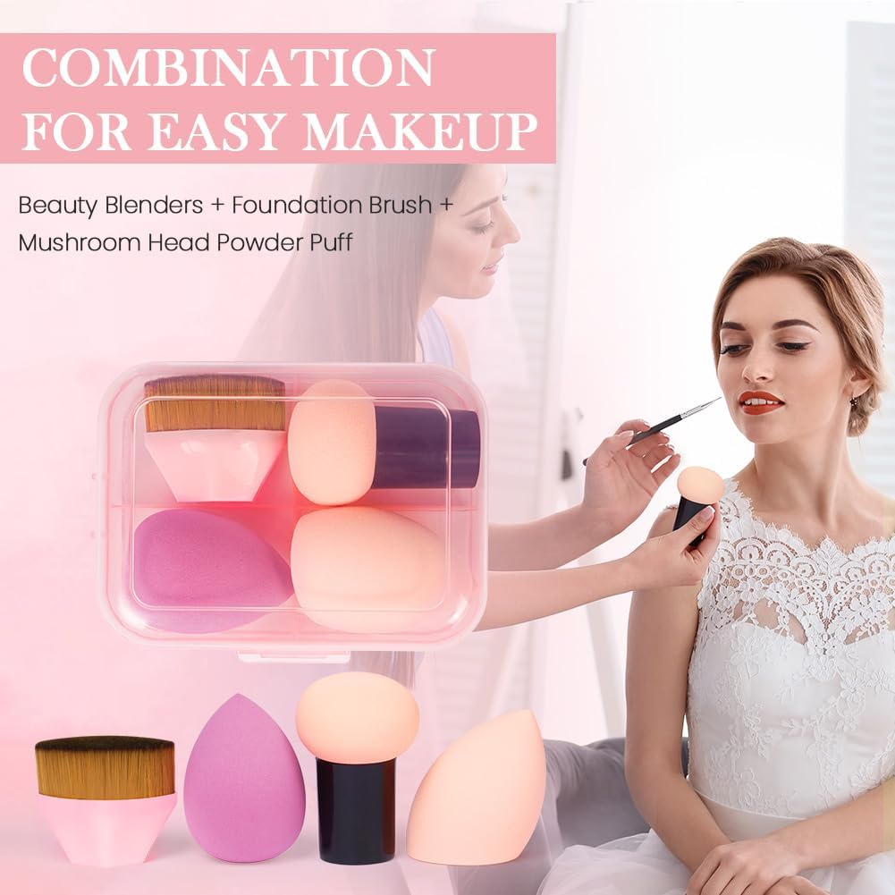 AUAUY 4PCS Makeup Sponges Blender Set, Professional Beauty Sponge Set with Storage Box, 2 Beauty Blenders, 1 Mushroom Powder Puff and 1 Foundation Brush, Dry & Wet Use for Cream, Liquid and Powder image number 1