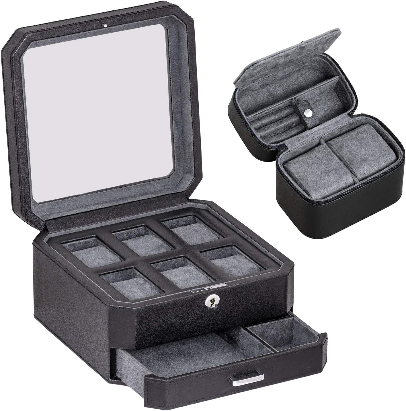 ROTHWELL 8 Slot Leather Watch Box with Valet Drawer - Luxury Watch Case Display Jewelry Organizer, Locking Watch Display Case Holder with Real Glass Top - Watch Box Organizer for Men & Women (Carbon)