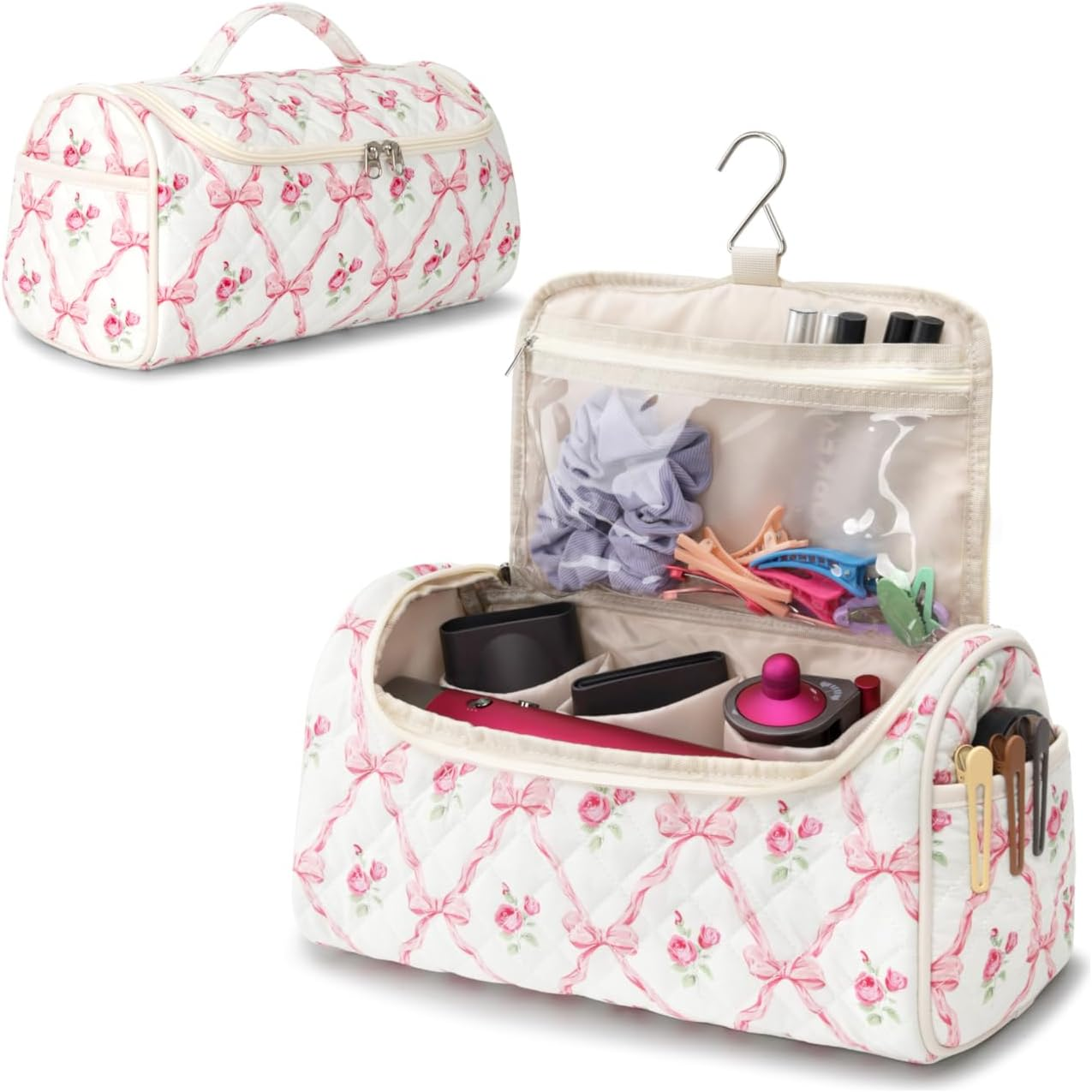 Linpr Travel Case Compatible with Dyson Airwrap & Shark Flex Style, Quilted Travel Hair Dryer Bag with Hook, Portable Hair Tool Organizer for Curling Iron & Accessories, Rose Pink, Modern image number 2