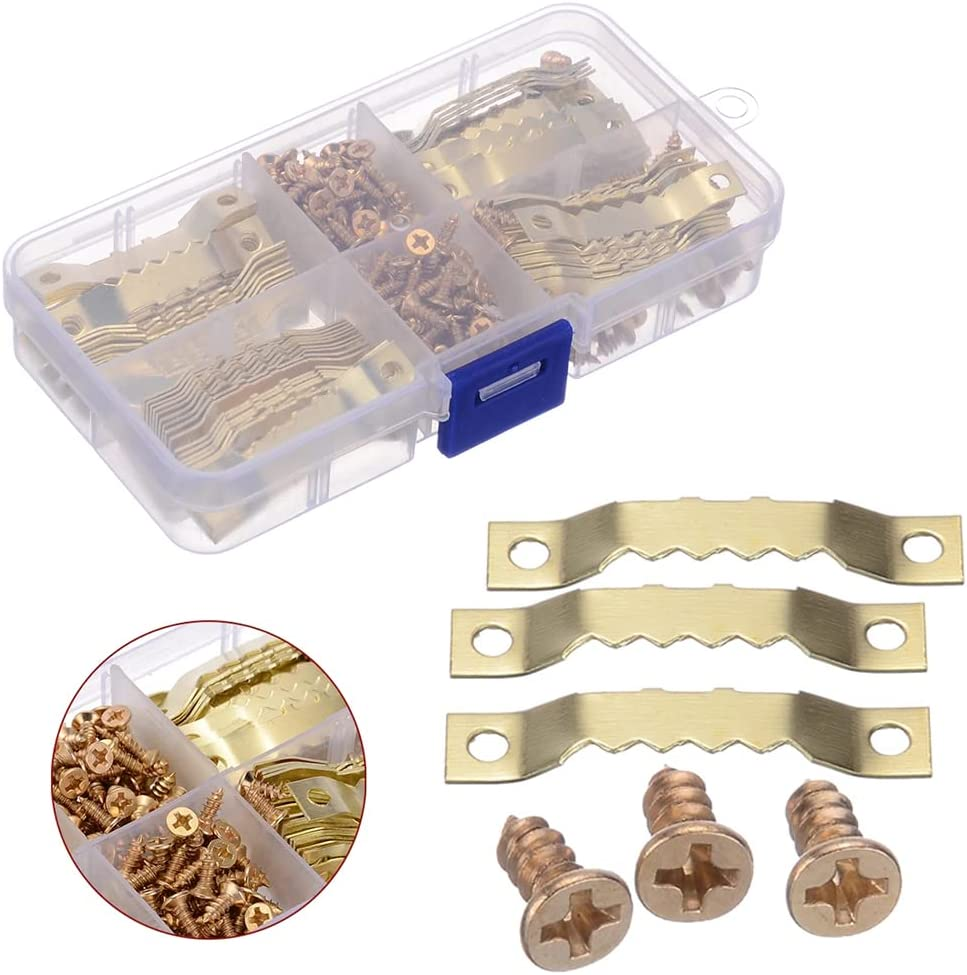 100 Pcs Sawtooth Picture Hangers,Picture Frames Hangers with Screws Picture Hang for Hanging Clock,Gold image number 1