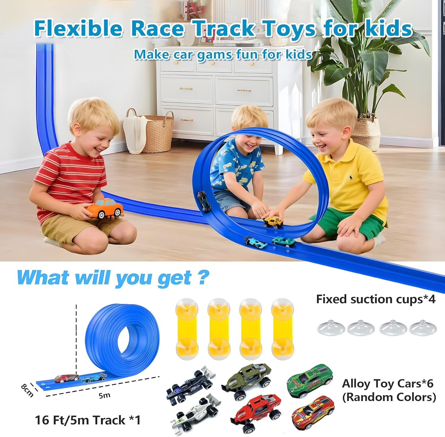 16Ft /500Cm Flex Tracks Car Track Set &ndash; Flexible Race Car Ramp Track with 6 Small Racecars &Suction Cups, Compatible with Hot Wheels &1:64 Diecast Vehicles, Portable Roll-Up Racetrack for Kids Ages 3+ - Red image number 5