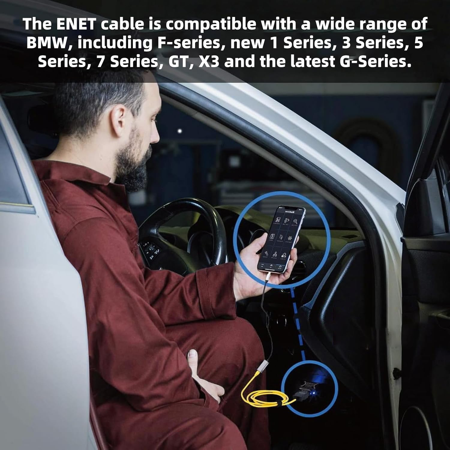 Hzqzaoan ENET OBD2 Adapter, ENET Cable Interface Cable OBD2 - RJ45 Ethernet Connector Tools for BMW F-Series Coding & Diagnostics, for E-Sys Programming (2M / 78.7Inchs)