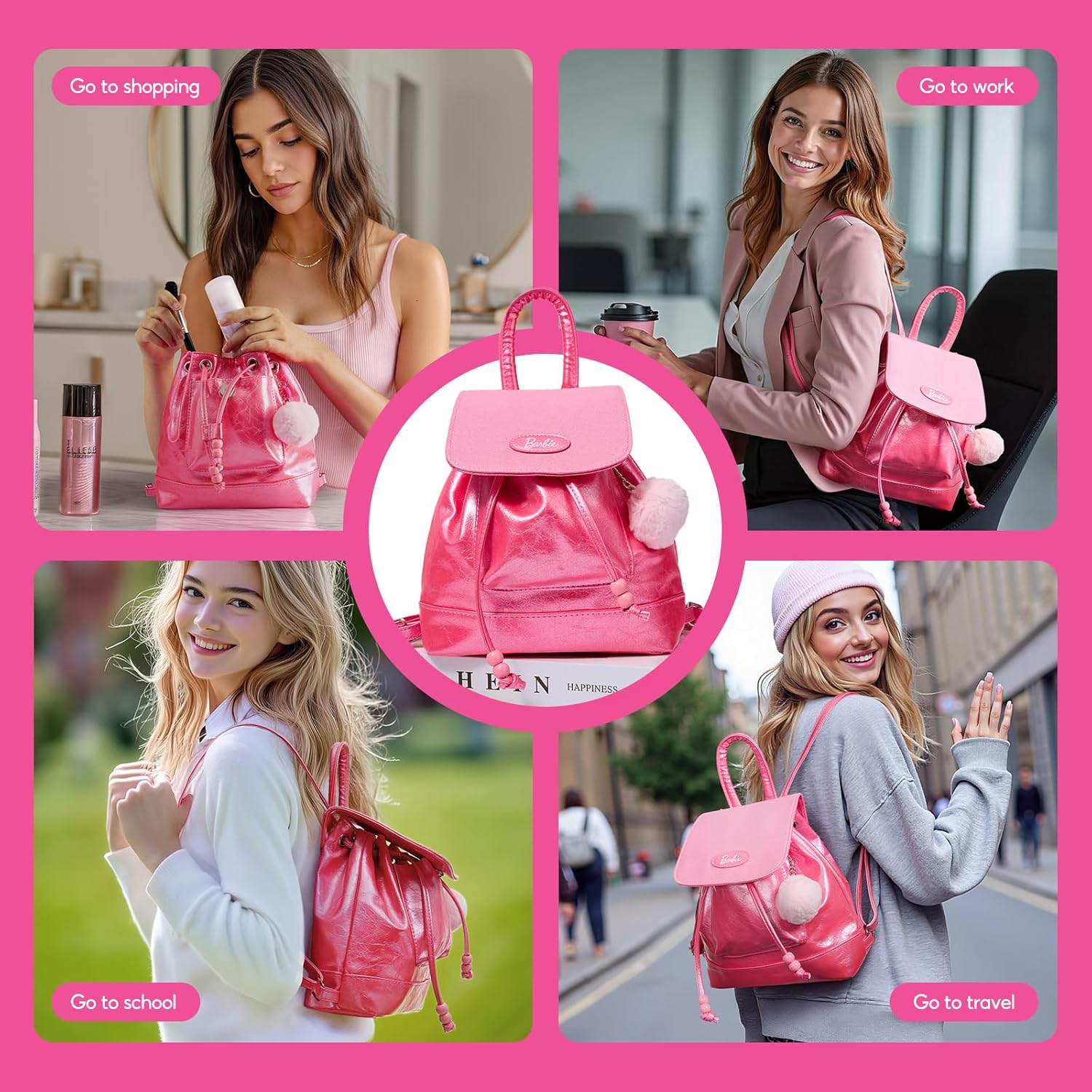 MINISO Barbie Mini Backpack for Women & Girls, Leather Pink Purse with Adjustable Straps, Cute Doll-Themed Bookbag Daypacks for School, Travel, Cosplay, Giftable Fashion Accessory image number 6