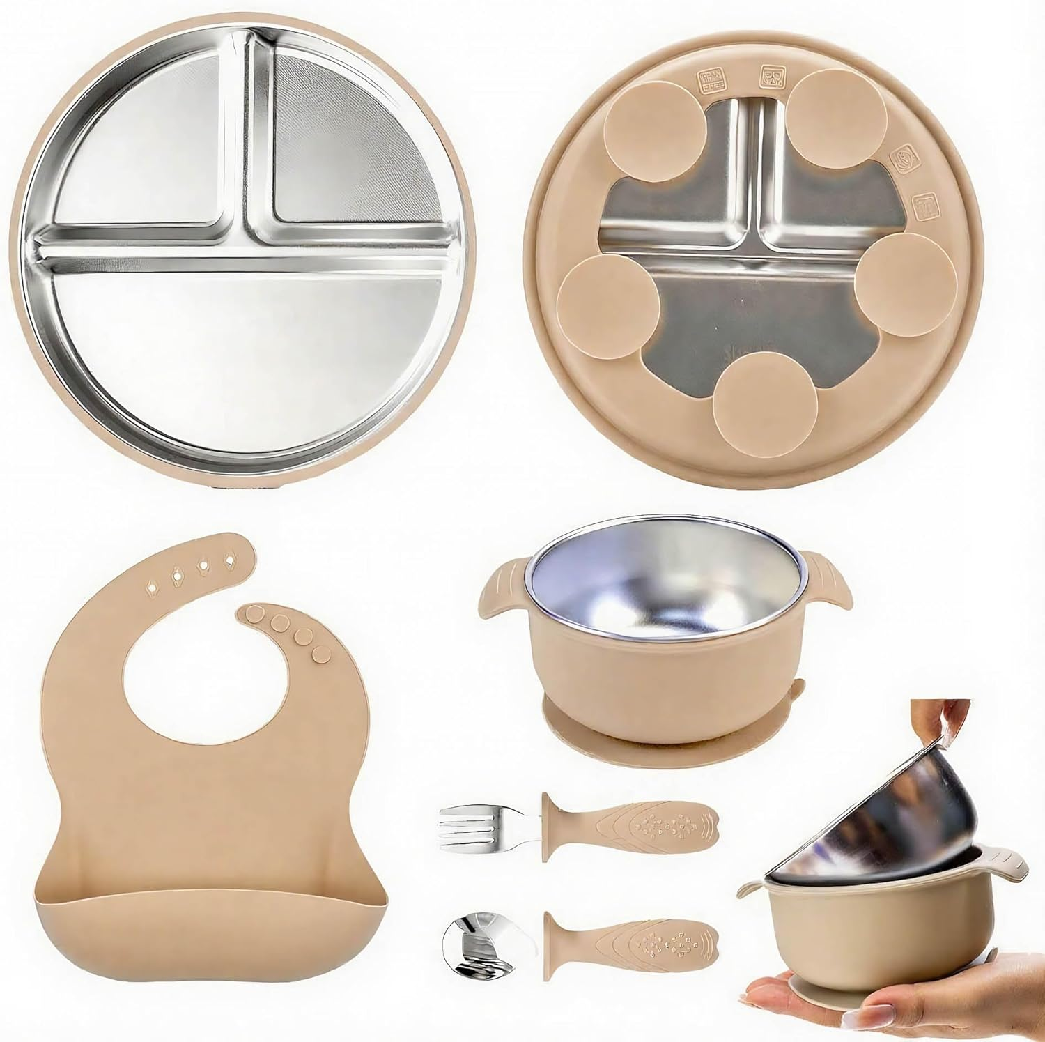 Stainless Steel Plate Kids Cutlery Set with Fork Spoon Bowl Bibs and Removable Silicone Suction Base (Pink)