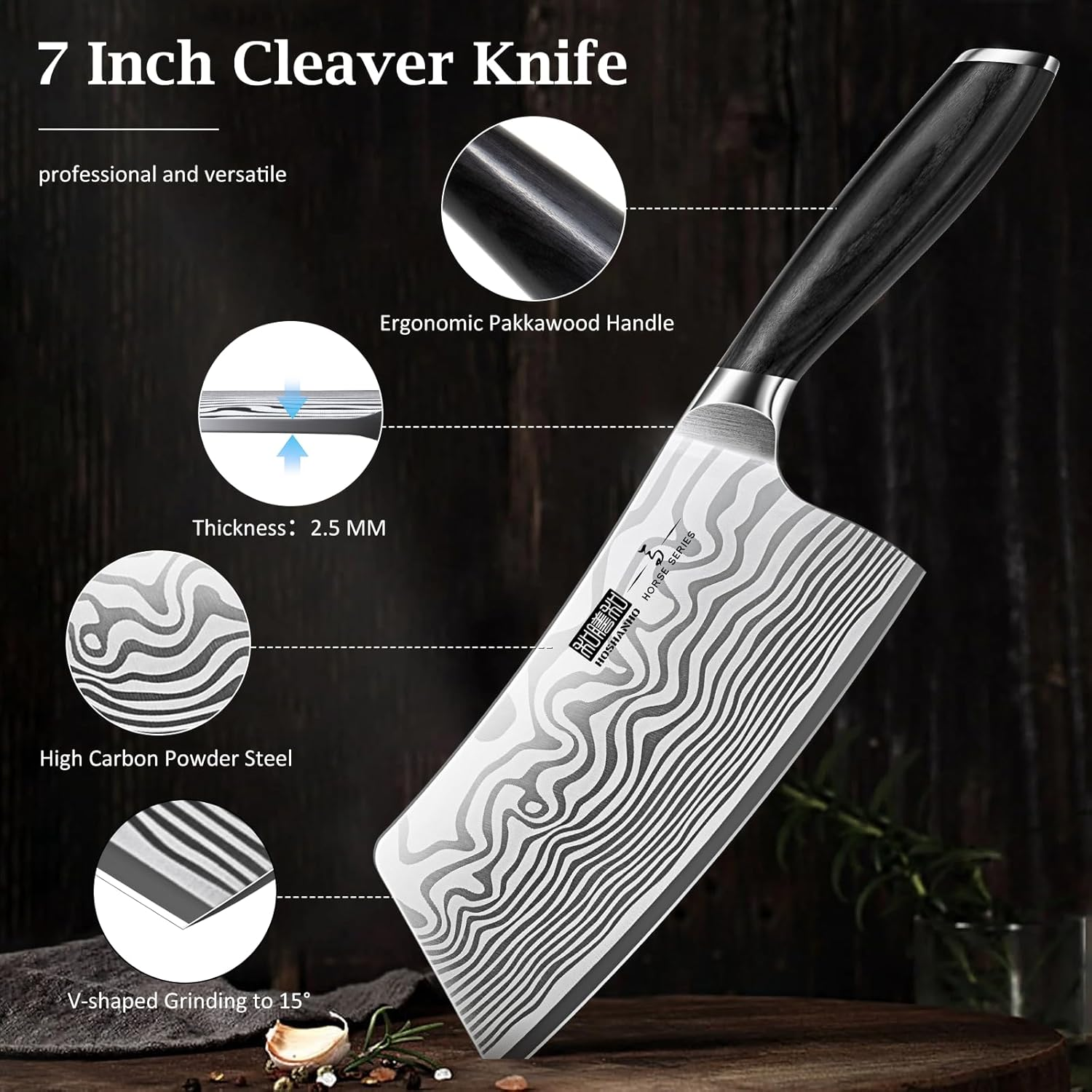 HOSHANHO Cleaver Knife 7 Inch, Razor Sharp High Carbon Powder Steel Meat Cleaver, Professional Japanese Butcher Chopper Kitchen Knife for Meat Cutting Vegetable Slicing image number 5