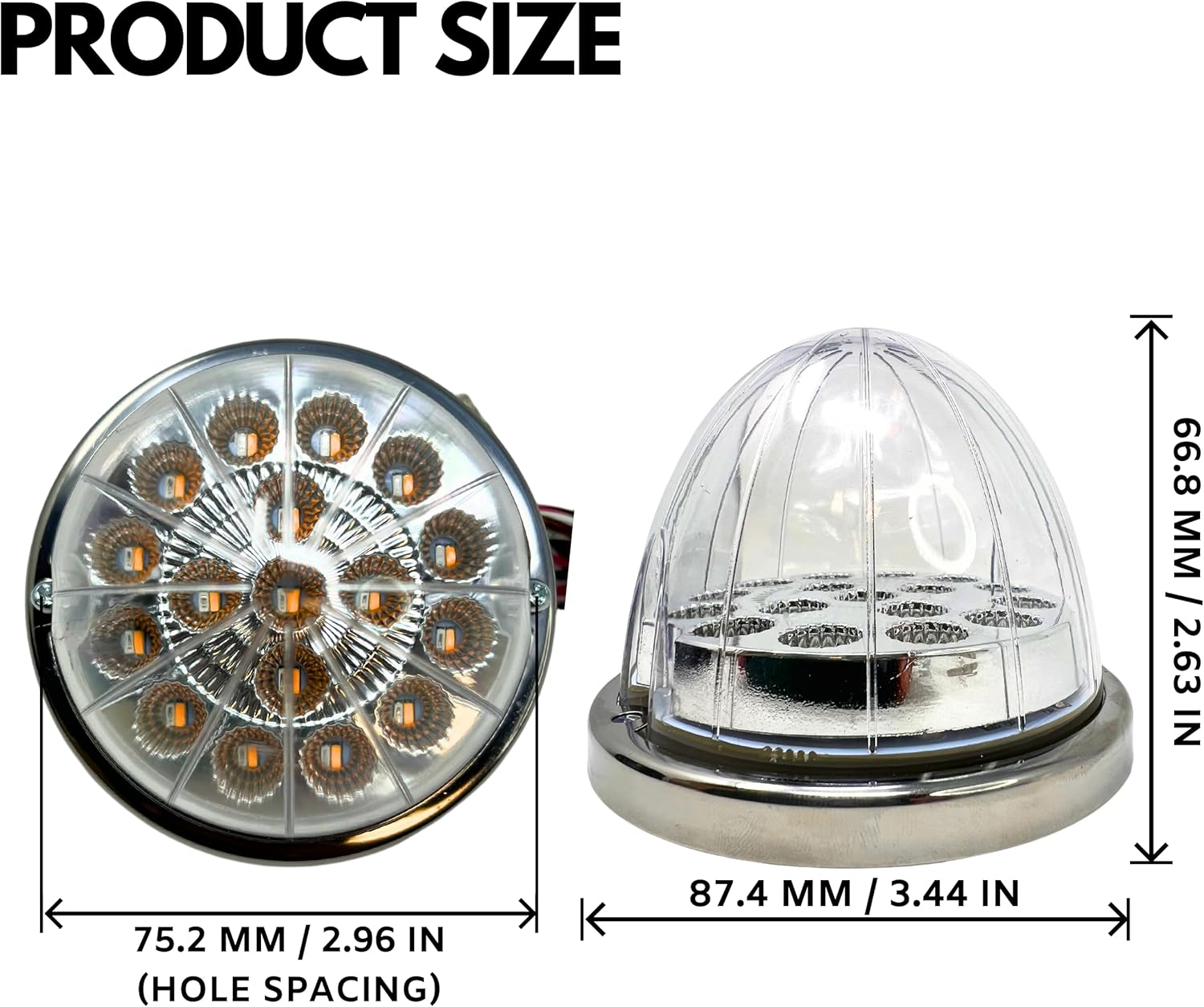 2PCS Dual Revolution White Reading Sport Marker to Red Auxiliary 17 LED Watermelon Lights Clear Lens & Stainless Steel Bezel Marker Lights for Freightliner Kenworth Peterbilt Trailer Heavy Trucks IP67 image number 6