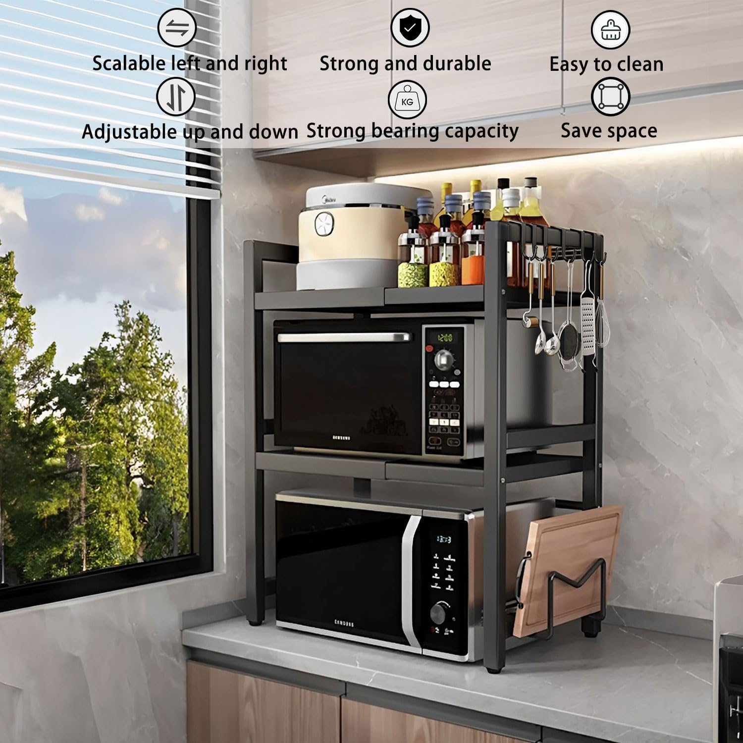 Expandable Microwave Rack for Kitchen Countertop - Carbon Steel Shelf with 6 Hooks, Knife Holder, Cutting Board & Chopstick Organizer, Space-Saving Storage (Three-Layer Large Size) image number 2