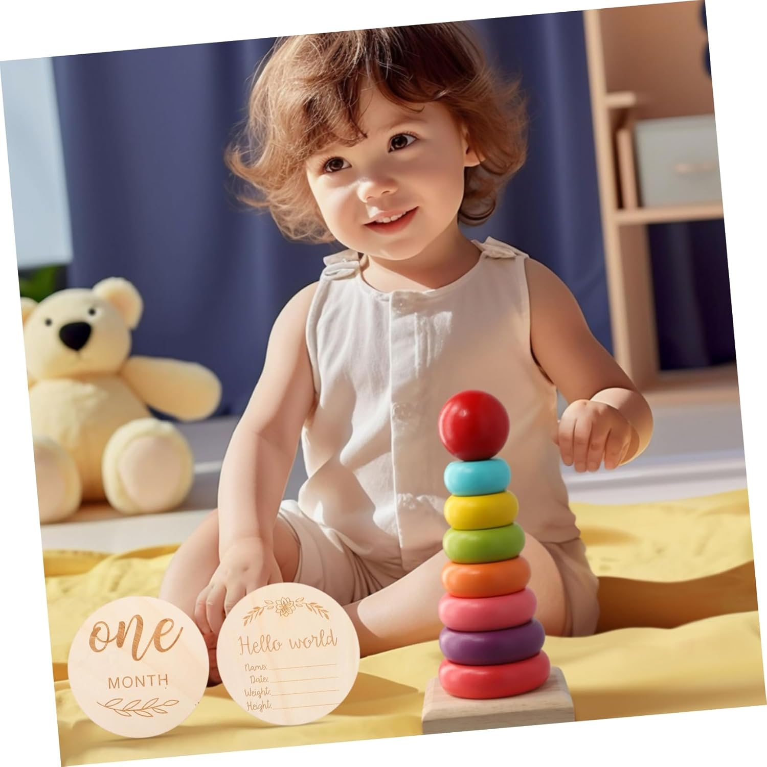 12Pcs Wooden Monthly Milestone Cards Photo Props Pregnancy Announcement Picture Props Growth Cards for Newborn Photography image number 2