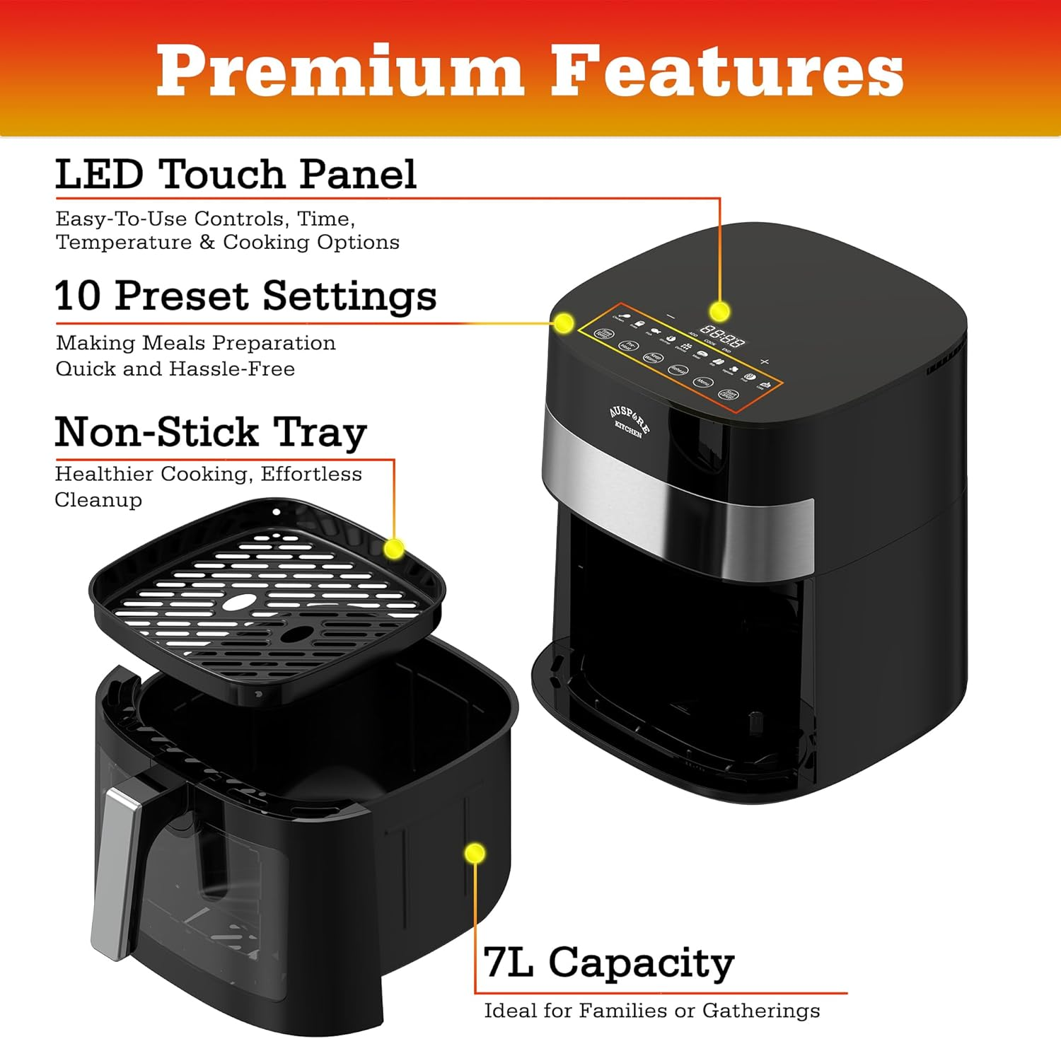 AUSPURE Air Fryer 7L Premium Digital, X Cyclone Technology with 10 Cooking Functions, Touch Screen Display, Bake, Timer, Preheat, Keep Warm, Auto Shutoff and See-Through Basket, Black image number 3