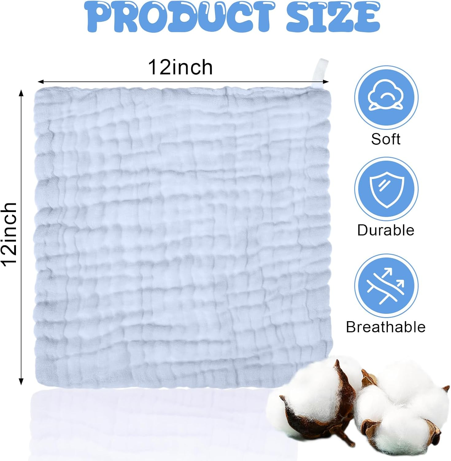 Breling 20 Pcs Baby Muslin Washcloth 12 X 12 Inch 100% Cotton Soft and Absorbent Muslin Washcloth Burp Cloth Wipe Newborn Face Towel for Baby Boy Girl Sensitive Skin(White, Light Blue, Blue) image number 2