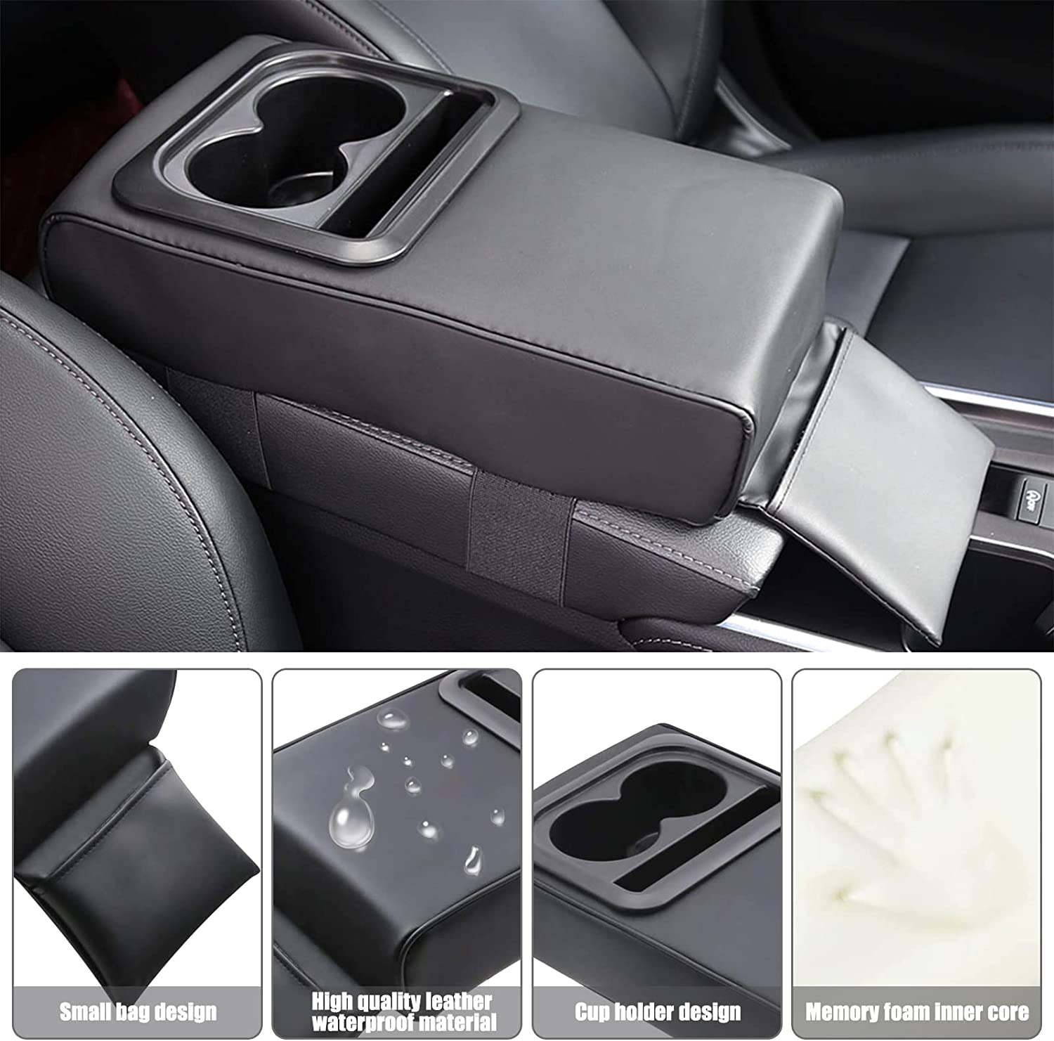 Car Armrest Box Cushion with Phone & Cup Holder, Universal Leather Center Console Armrest Cover Memory Foam Pillow with Bling Coaster, Auto Arm Rest Support Cushion Protector Interior Accessories image number 3