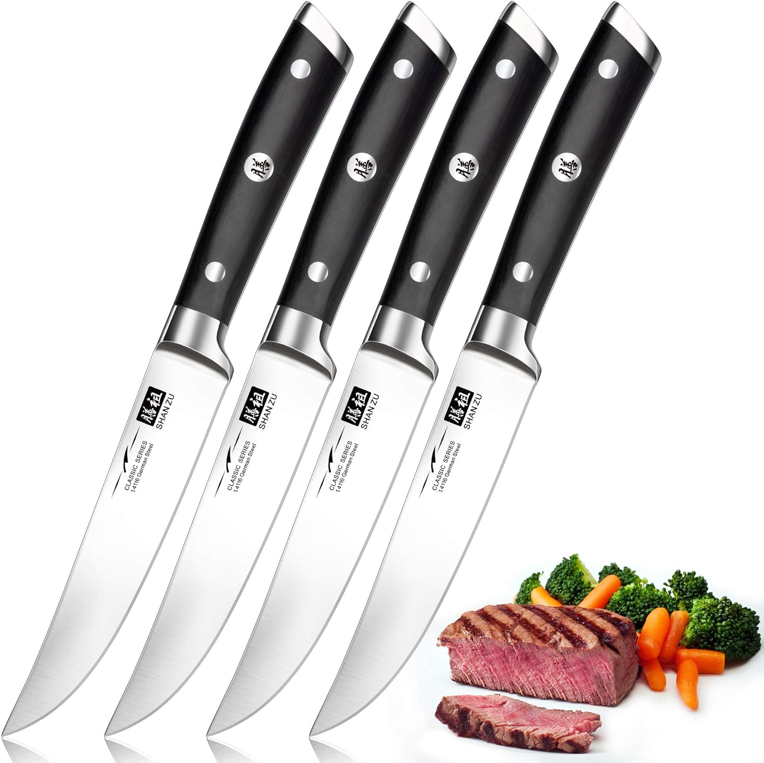 SHAN ZU Kitchen Steak Knives Set of 4, High Carbon German Stainless Steel Knives with 15&deg; Double Sided Edge & Ergonomic Pakkawood Handle image number 3