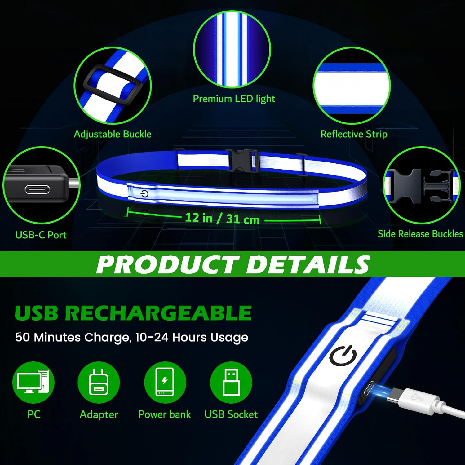 Reflective Sash Gear for Walking at Night,Flashing LED Reflective Belt Safety Lights for Walkers Night Dog Walking Biking Running,High Visibility Rechargeable with Wear 2 Ways for Men Women - Orange image number 3