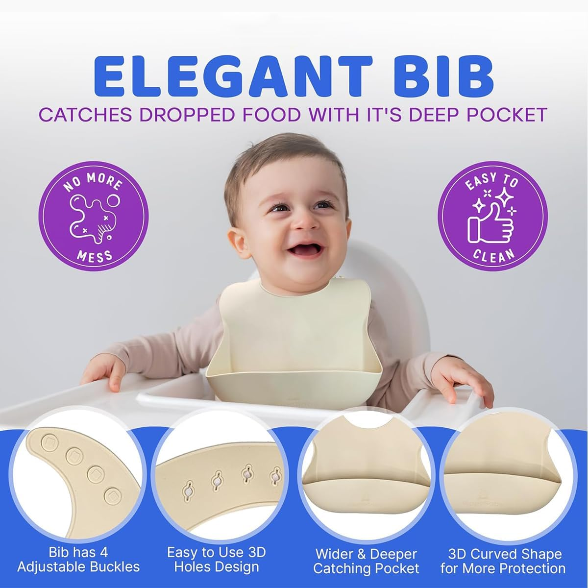 Silicone Baby Feeding Set -Practical 5 Pcs,Baby Led Weaning Supplies,Toddler Eating Spoons Suction Bowl Divided Plate Bib,First Stage Solid Food Eating Utensils - 6+ Months (Off-White)