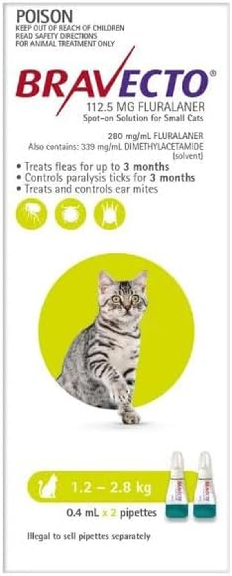 Bravecto Spot on for Cats 1.2-2.8 Kg Light Green 2 Pipettes