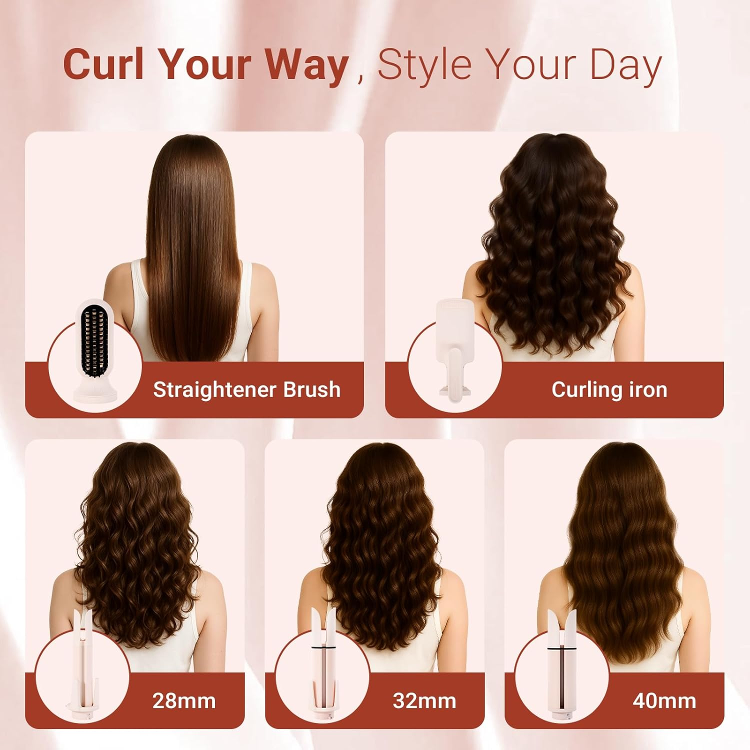 LIWEGHT 5 in 1 Automatic Curling Iron,Curling Wand Set with Hair Straightener Brush 3 Interchangeable Ceramic Wand(28/32/40Mm) and Double Barrel Waver,Instant Heat Up,With 3 Temp & Timer image number 3