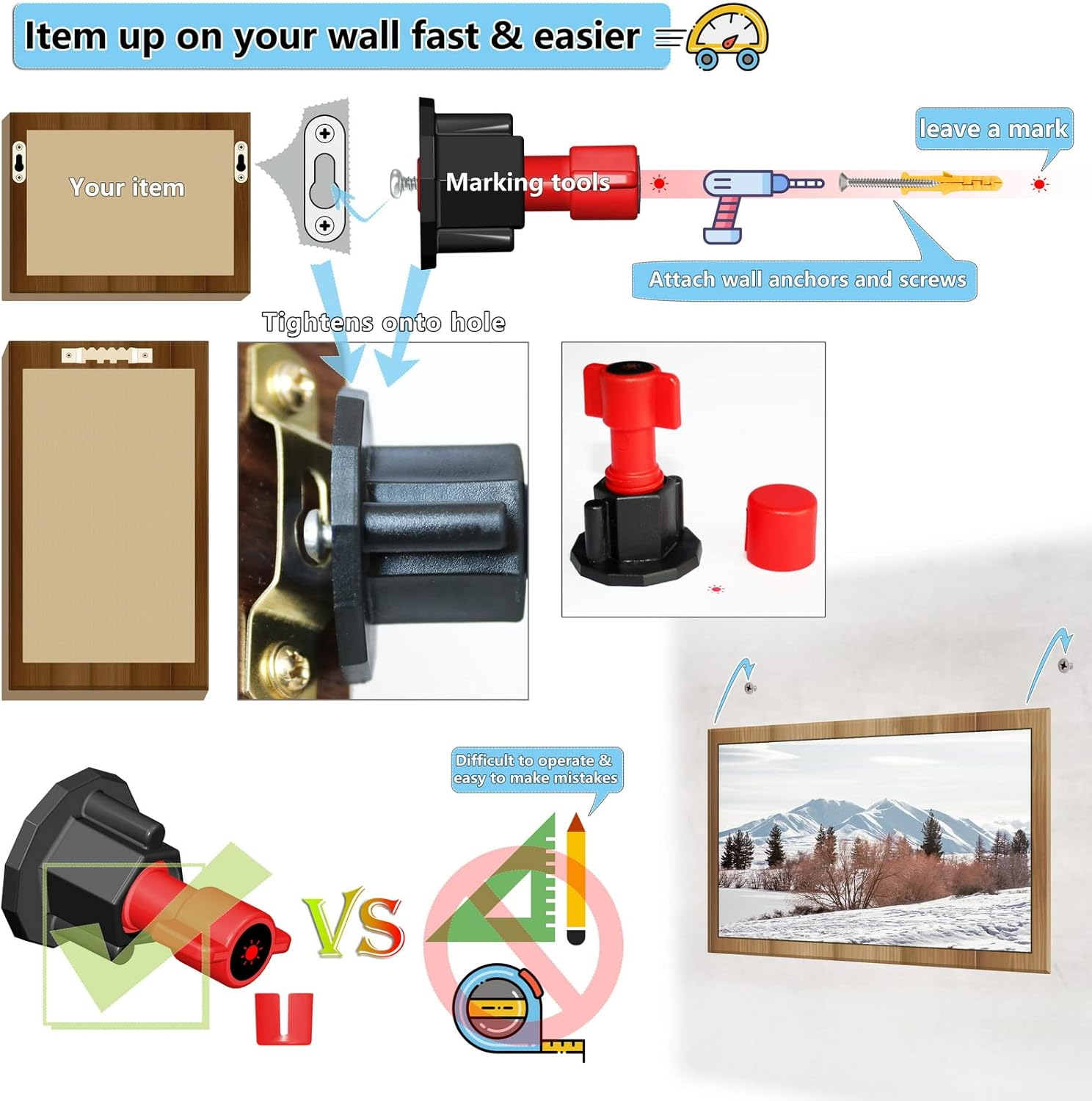 ANFU Keyhole Marker, Keyhole Slot Marking Tool, Picture Hanging Marking Tool, Wall Mount Marker Tool with Mini Bubble Level for Mark Nail Hole Frames Location (Red) image number 6