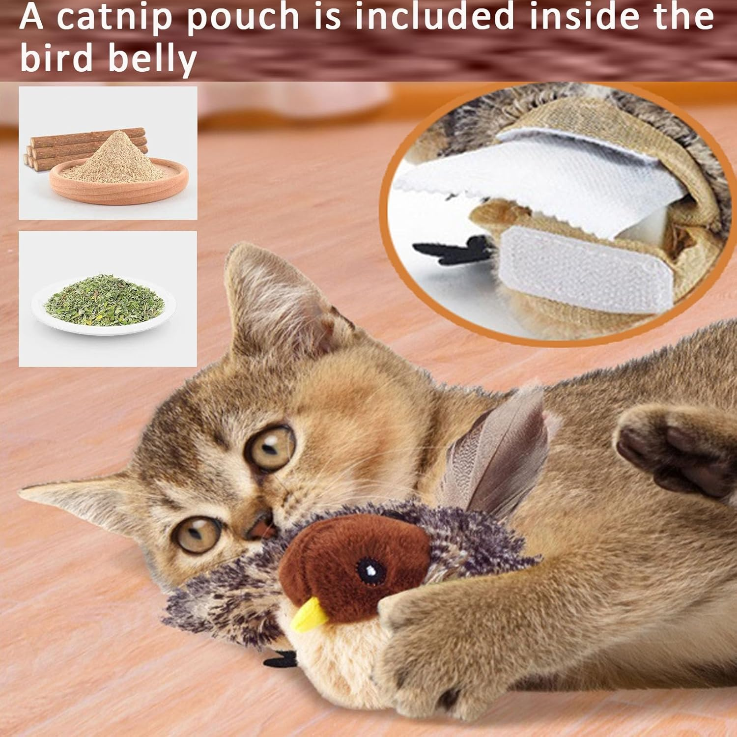Cat Toys Rechargeable Flapping Bird Sparrow, Lifelike Chirp Tweet, Touch Activated Kitten Toy Interactive Cat Exercise Toys for All Breeds Cat Kicker Catnip Toy (Wings Flapping/Move,Chirp) image number 1