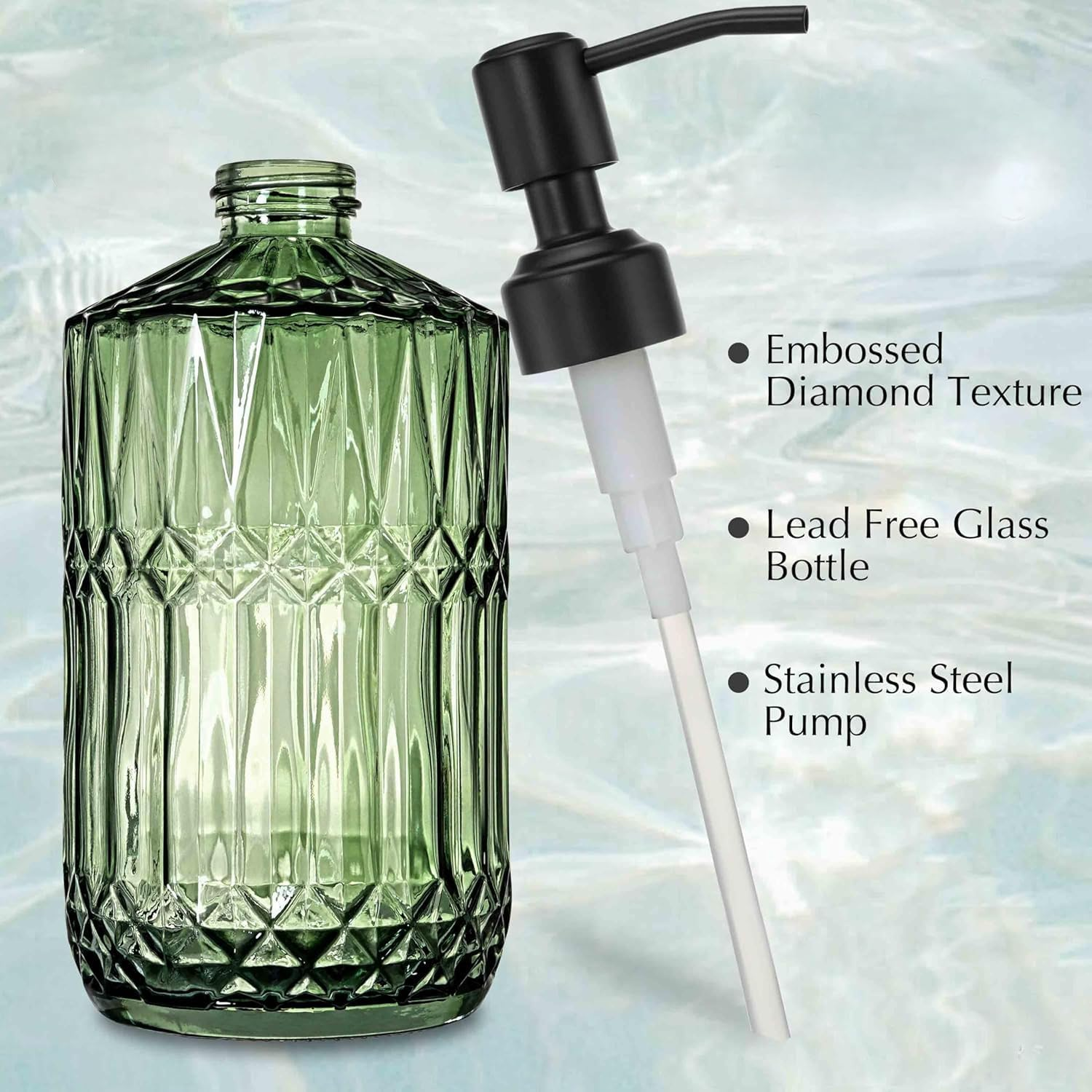 Glass Soap Dispenser 2-Pack (350ML Each) - Green with Black Stainless Steel Pump, Refillable Kitchen & Bathroom Dispensers for Dish Soap, Hand Soap, Lotion Cottagecore Style image number 3