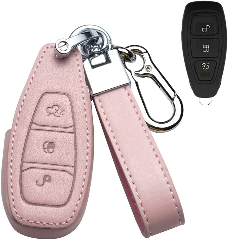 Ontto Leather Car Key Fob Cover Fit for Ford Focus Mondeo Fusion Fiesta Ka Kuga S-Max 2011-2017 Flip Key Case Key Holder Key Shell Keychain Keyring Protective Accessories Black