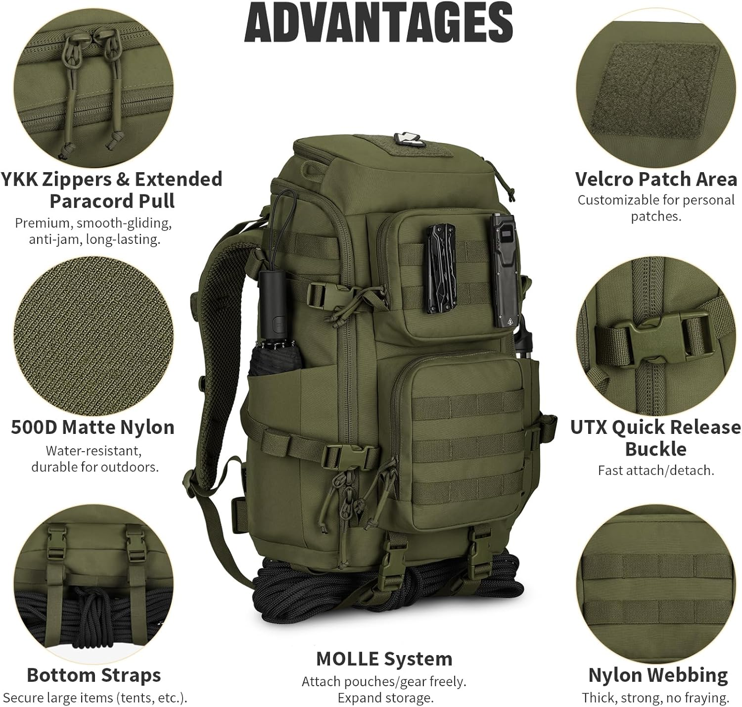 ROOT THREE 45L Tactical Backpack, Military Molle Backpack with 17" Laptop Compartment Survival Rucksack for Outdoors image number 5