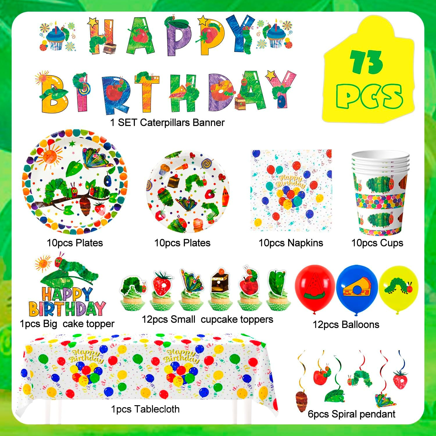 The Very Hungry Caterpillar Party Supplies 10Guests Hungry Caterpillar Birthday Decorations Tableware Set Hungry Caterpillar Party Banner Balloon Etc Hungry Caterpillar Decorations image number 3