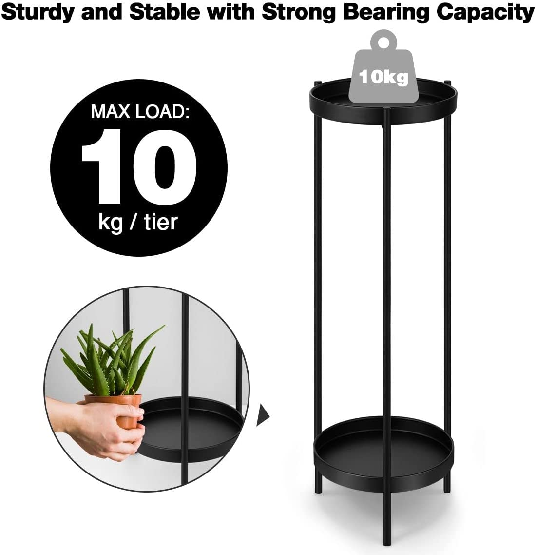 2 Tiers Metal Plant Stand 80CM High Flower Pots Shelf Indoor Outdoor Planter Holder Garden Rack Storage,Black