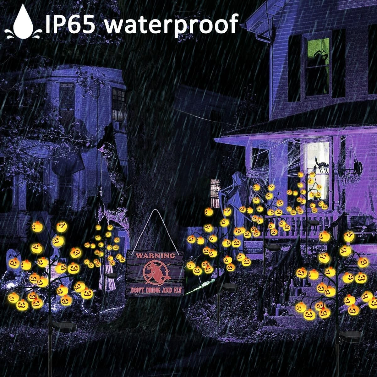 Outdoor Halloween Pathway Lights Decor，2 Pack 40 LED Halloween Pumpkin Stake Lights，Waterproof Orange Jack-O-Lantern Solar Decorative Pathway Lights for All Saints' Day Gravestone Garden Lawn Yard image number 4