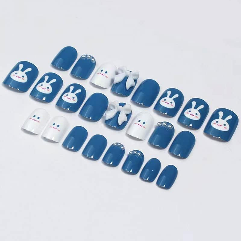 AIDVPOD Cute Fake Press on Nails for Women Kid Cute Rabbit Fake Nails Pre-Glue Short Full Cover False Nail Tips Stick on Nails Lovely Gift Girls Nail Art Decoration -Blue, 29 Piece Set - Blue image number 3