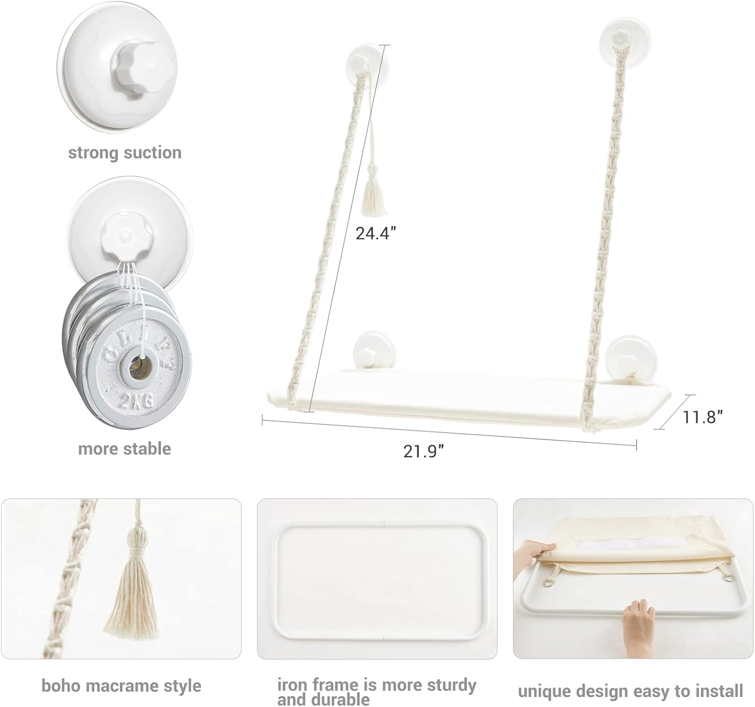 Mkono Cat Window Perch Macrame Boho Cat Hammock Wall Mounted Cat Bed for Indoor Cat, Pet Resting Seat Safety Space Saving Cat Shelves with Screw Suction Cups image number 6