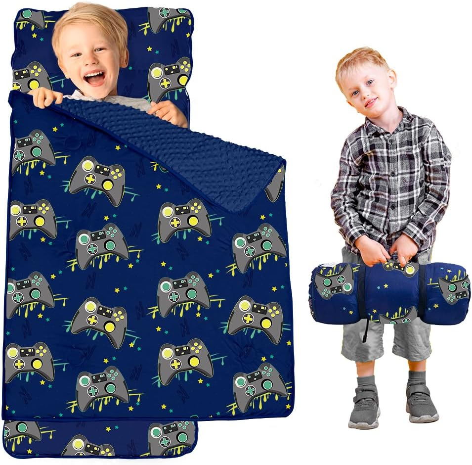 55"X22"X3" Nap Mat with Removable Pillow & Blanket, Kids Sleeping Bag with Reinforced Seams, Super Thick Padding Toddler Nap Mat for Daycare,Preschool,Kindergarten