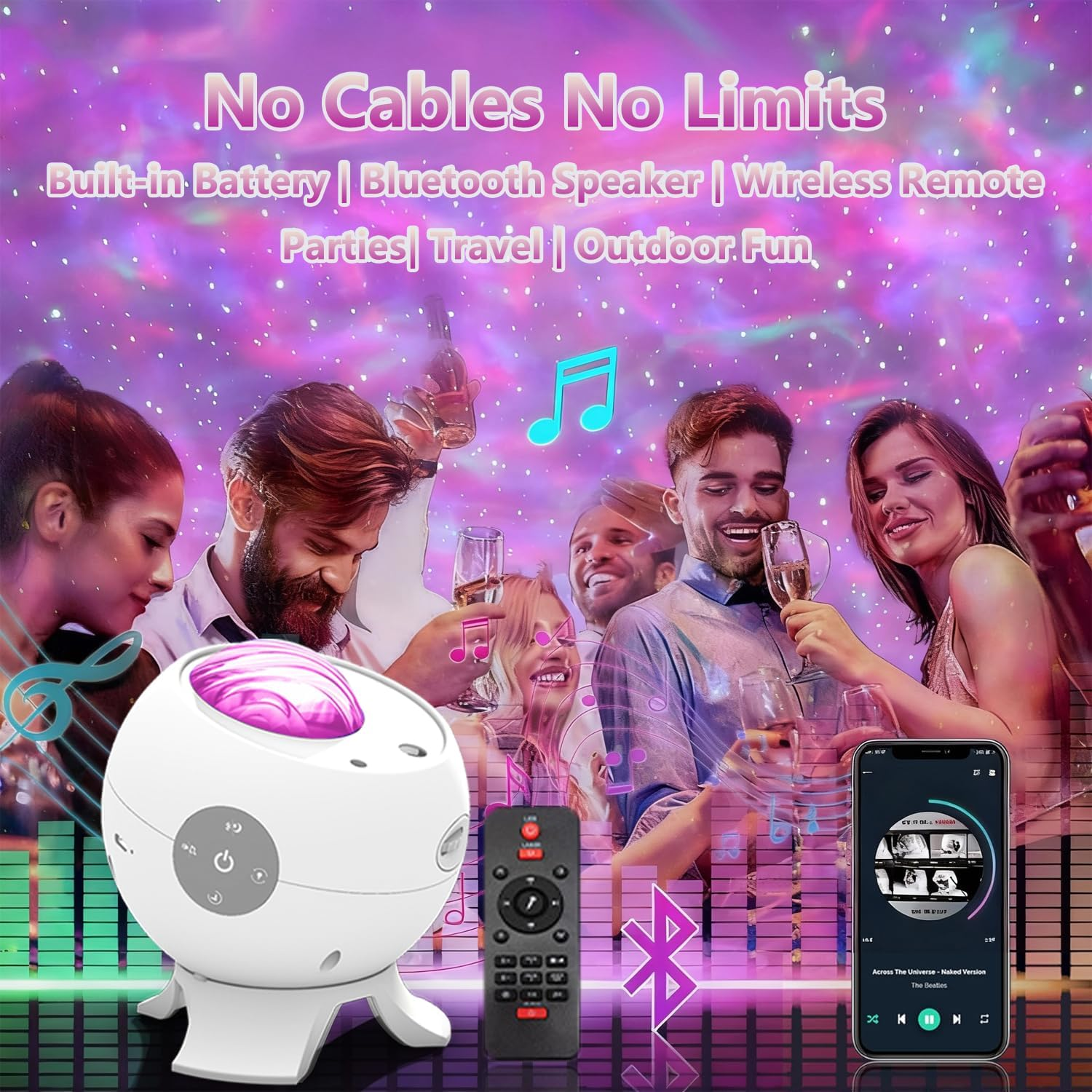 Galaxy Projector for Bedroom, Bluetooth Speaker Star Projector with Built-In Rechargeable Battery, 48 Aurora Colors & 8 White Noise, Remote Control, Christmas Decor & Gifts for Kids and Adults image number 6