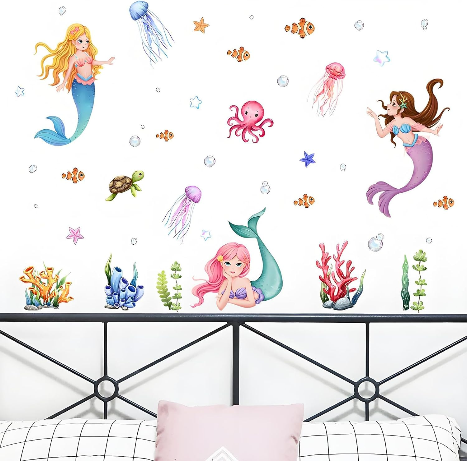 Mermaid Wall Sticker - Undersea World Princess Fish Ocean Theme for Girls Bedroom Baby Nursery Decor