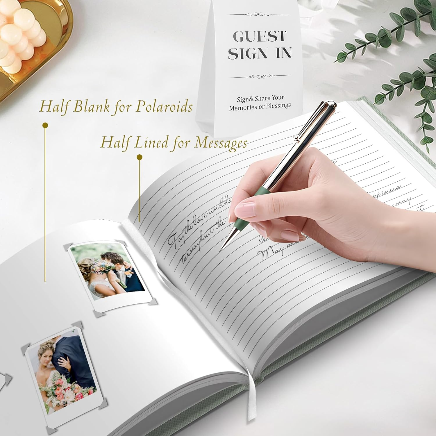 Wedding Guest Book for Memorial Service, Half Blank and Lined Guestbook Alternative with Table Sign, 108 Polaroid Photo Corners Stickers, Baby Shower, 100 Pages - Sage 8X10&rdquo; image number 4
