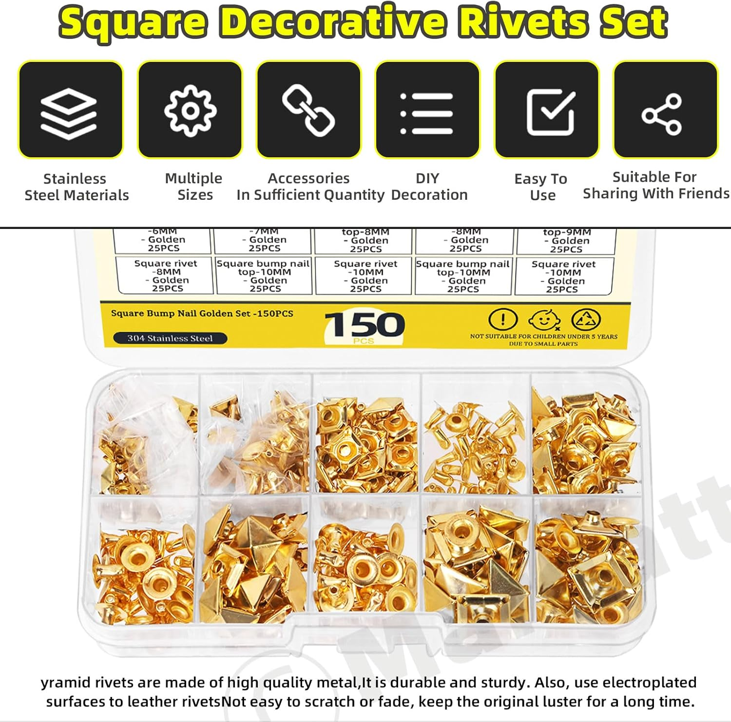 Mardatt 150Pcs 6 Sizes Gold Spike Rivet Pyramid Rapid Rivet Studs, 6Mm 7Mm 8Mm 9Mm 10Mm 12Mm Square Punk Spikes Pyramid Rapid Rivet Studs Nail Heads for DIY Leather Craft Decoration(Gold）