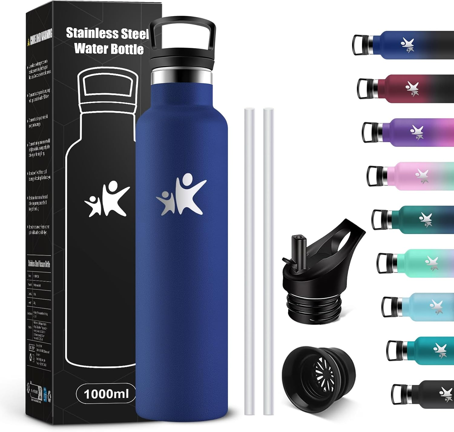 Kollykolla Stainless Steel Drinking Bottle, 1 Litre, Leak-Proof Water Bottle with Straw, Suitable for Carbonated Drinks, Vacuum Thermos Flask, Bpa-Free, Water Bottle for Adults, Sports, Fitness, Gym