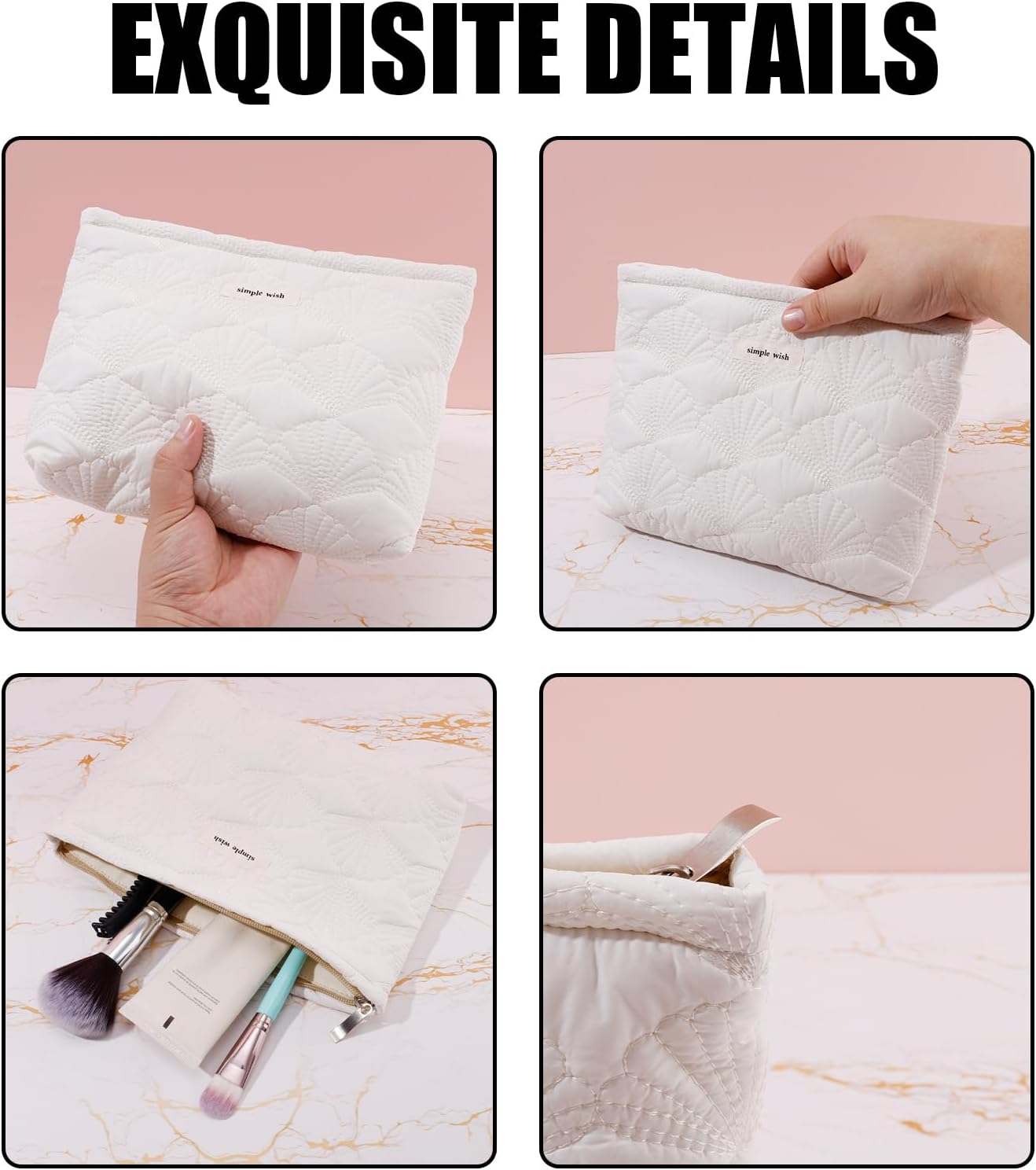 Gosknor Quilted Makeup Bag, Portable Cosmetic Bag White Cotton Emergency Kit Bag Quilted Cotton Aesthetic Cute Travel Makeup Pencil Pouch with Shell Patterns for Women, White, M image number 6