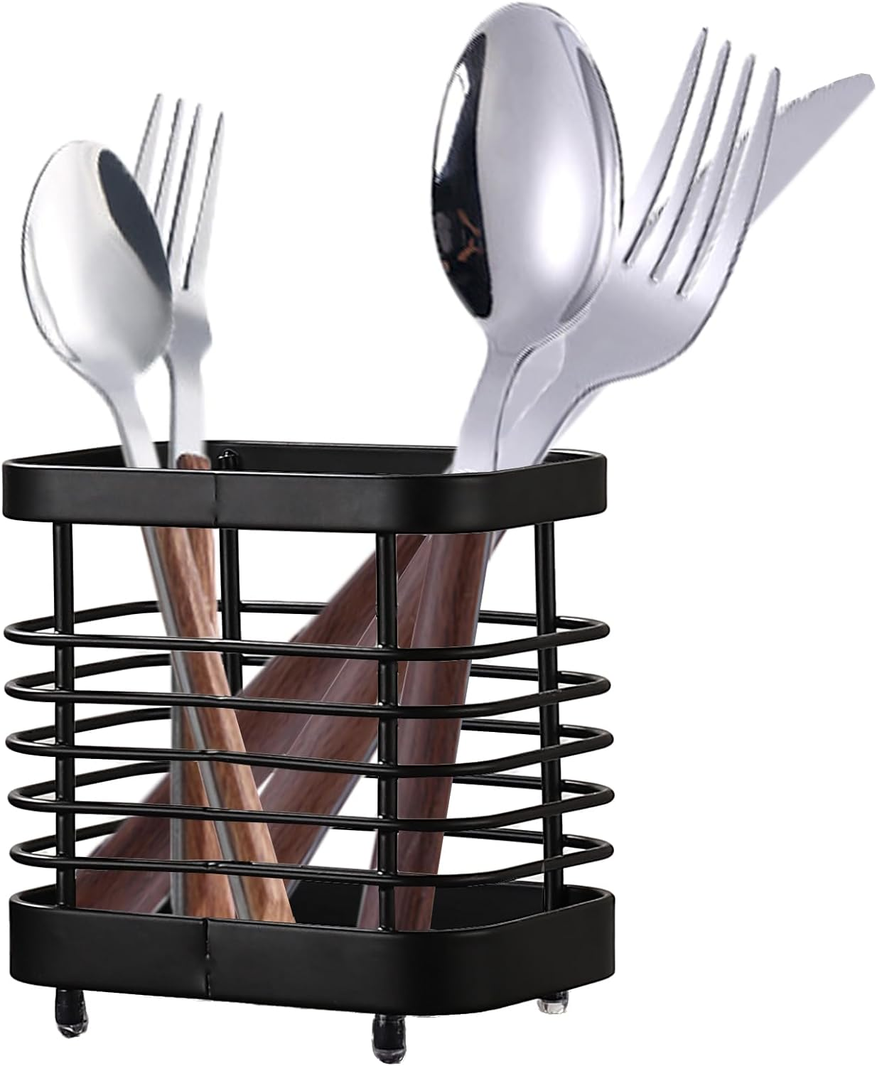 Utensil Holder Kitchen Countertop Organizer, Cutlery Drainer Sink Caddy Dish Drying Rack, Cabinet Silverware Storage Organiser, Stainless Steel, Black(4 In) image number 5