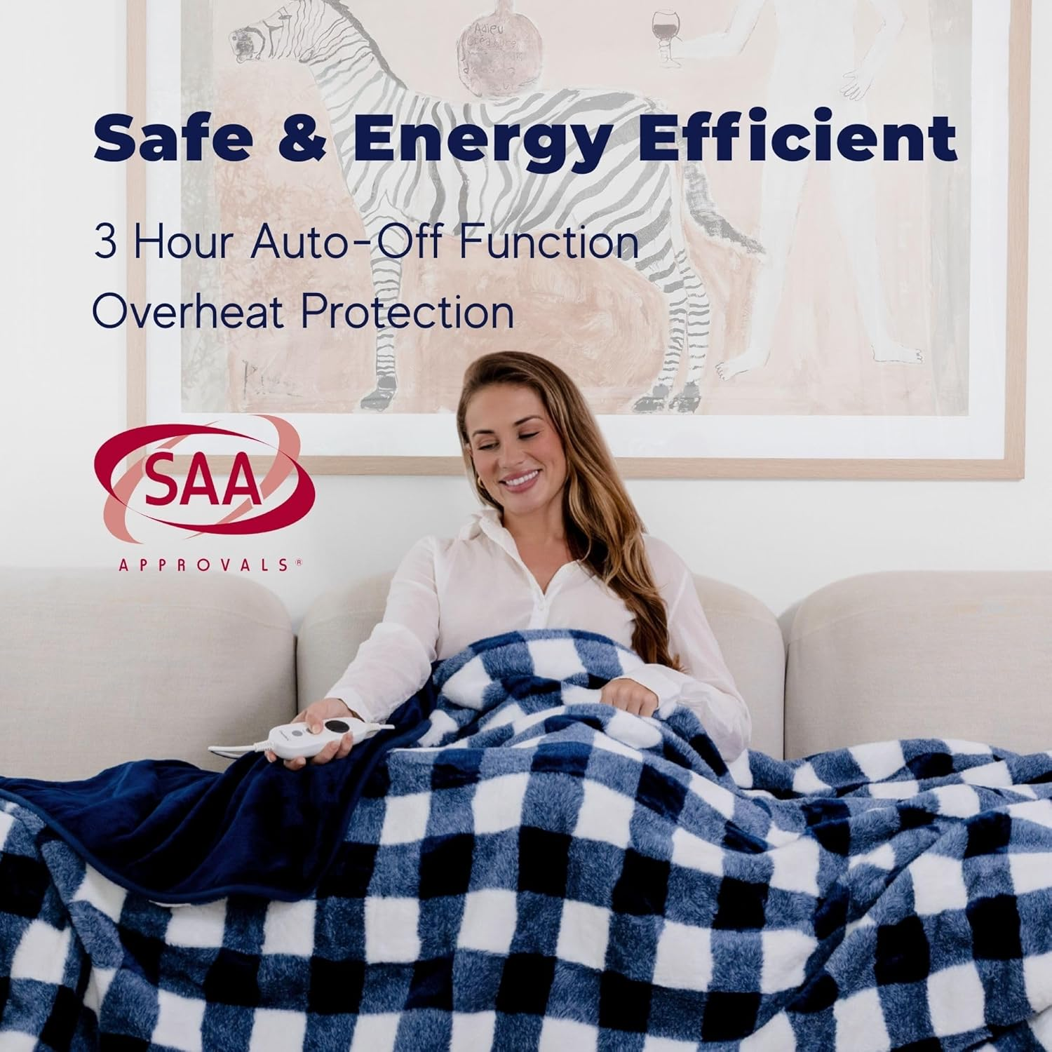 Dreamaker Gingham Plush Fleece & Warm Flannel Electric Heated Throw Blanket 200X180Cm Machine Washable Soft Plush Reversible Rug Energy Efficient Overheat Protection 9 Heat Settings - Midnight Blue image number 1