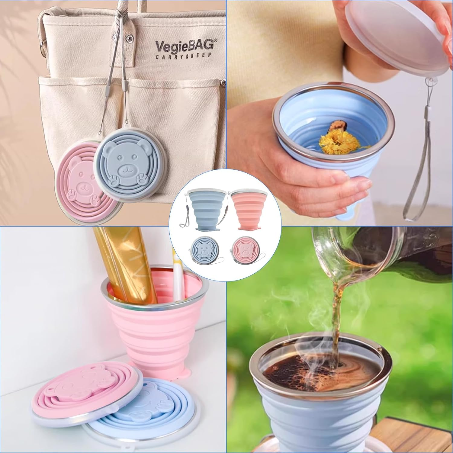 2 Pack Silicone Collapsible Cup with Lid,270Ml Travel Essentials Collapsible Cups, BPA Free Collapsible Travel Mugs, Folding Silicone Cups,Reusable Portable Foldable Cups for Picnic,Camping,Hiking image number 3