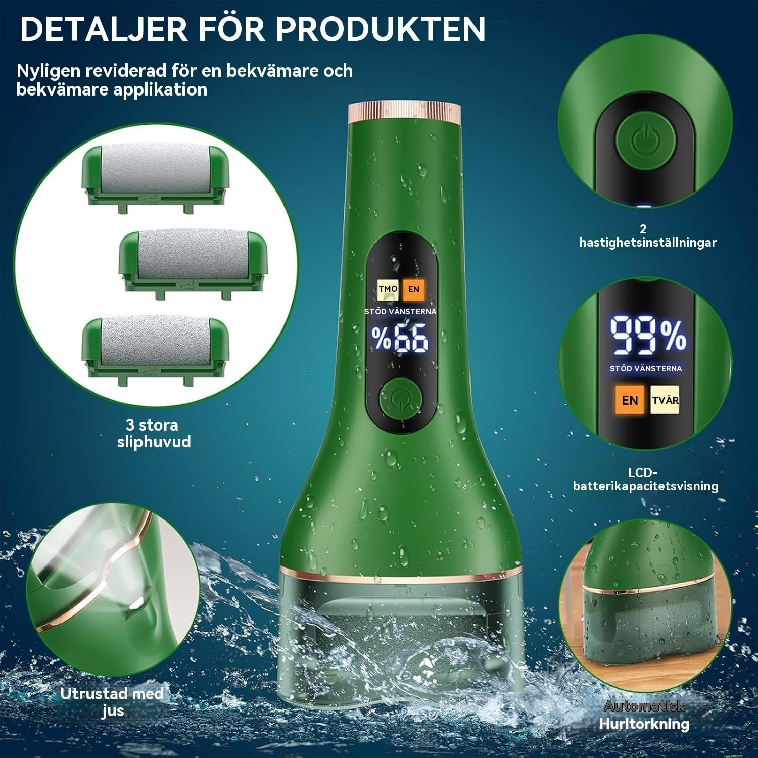 AOMEES Electric Callus Remover, Electric Callus Remover with IPX7 Waterproof, 2 Speeds, LED Light, LCD Display, 3 Interchangeable Rollers for Callus Removal - White image number 5