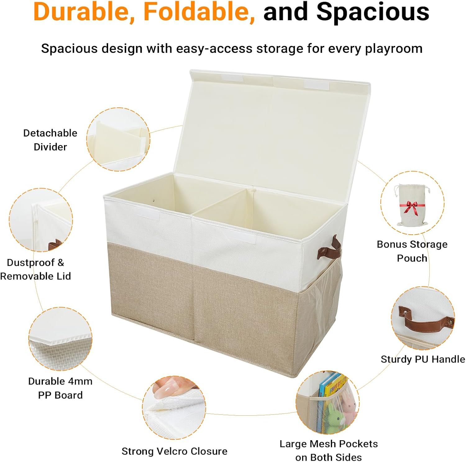 LIWEGHT Large Storage Box with Lid Collapsible Sturdy Baby Storage Rganizer Chest Bins Basket with Divider for Kids,Nursery,Bedroom,Boys, Girls,Playroom,63.5X33X40.6Cm(Beige&White) image number 1