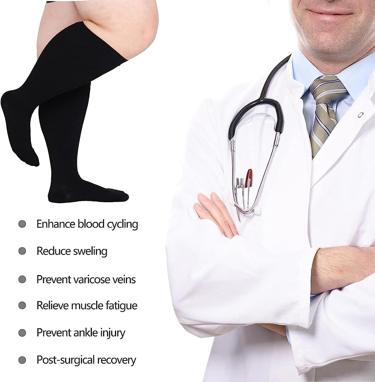 4XL Wide Calf plus Size Compression Socks 15-20 Mmhg for Fatigue, Pain, Leg Swelling, Comfy Compression, Stretch to 28 Inches / 70Cm (Black, XXXXL)