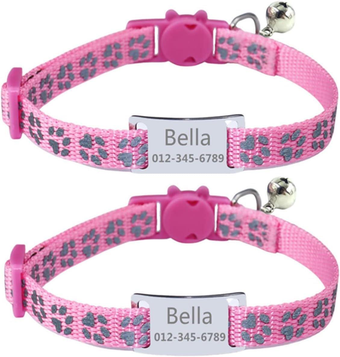 THAIN Personalized Cat Collar with Name Tag Engraved Custom Cat Id Tag Slide-On Reflective Cat Collar Breakaway with Bell for Girls & Boys,2 Pack(Paw Print Pink+Paw Print Pink)